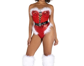 Santa Costume Womens Red White Black Sequin Romper Faux Fur - Etsy Hong Kong