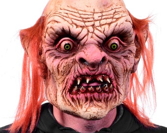 Masque de maniaque psychopathe à l'apparence dingue de vampire humain, grandes dents, cheveux roux, démoniaque, diabolique, menaçant, tueur, crocs pointus, déguisement d'Halloween MN1007