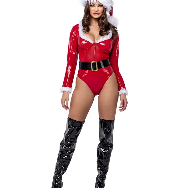 Santa's Helper Costume Womens Red White Black Vinyl Bodysuit Faux Fur Trim Belt Sexy Mrs Clause Christmas Cosplay Elf Noel Xmas 2-PC 6215