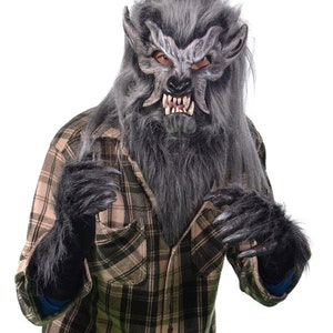 Werewolf Costume Kit Gray Night Crawler Mask Movable Mouth Fur Collar Gloves Hair Fur Trim Wolf Dog Animal Cosplay Halloween Costume K1M7008