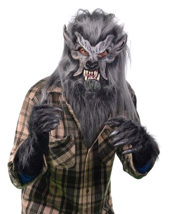 Werewolf Costume Kit Gray Night Crawler Mask Movable Mouth Fur