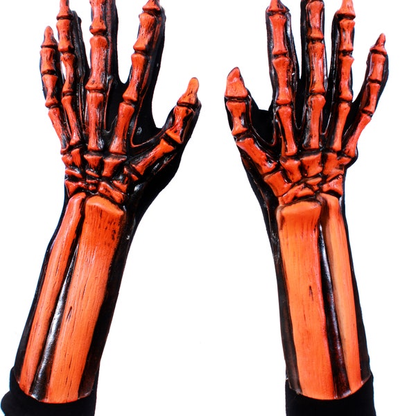 Skeleton Hands Gloves Orange Glow In The Dark Ghost UV Bones Latex Grim Reaper Halloween Accessory Costume N1063
