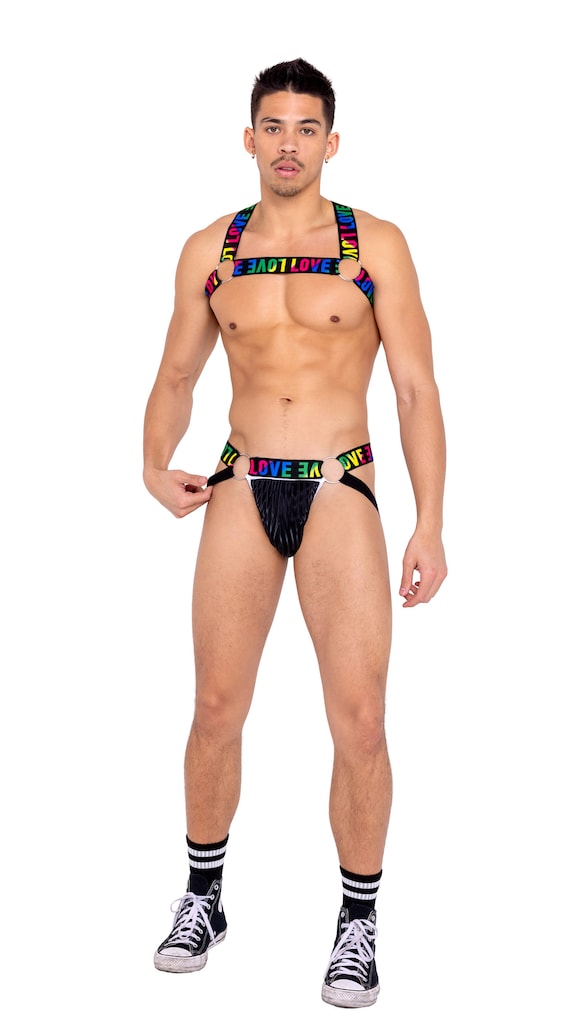 Gay Pride Black Rainbow Mens Jock Strap Love Logo LGBTQIA Rave