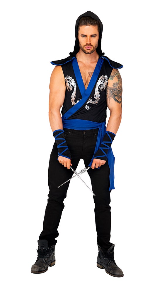 Disfraz de guerrero ninja para hombre Negro Azul Villano Combate