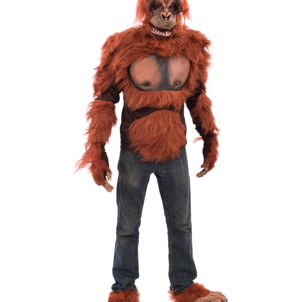 Disfraz de orangután Máscara Camisa Guantes Pies Bestia Naranja Animal Silbato Gorila Aterrador Aterrador Piel Sintética Halloween Talla Única K2M6003