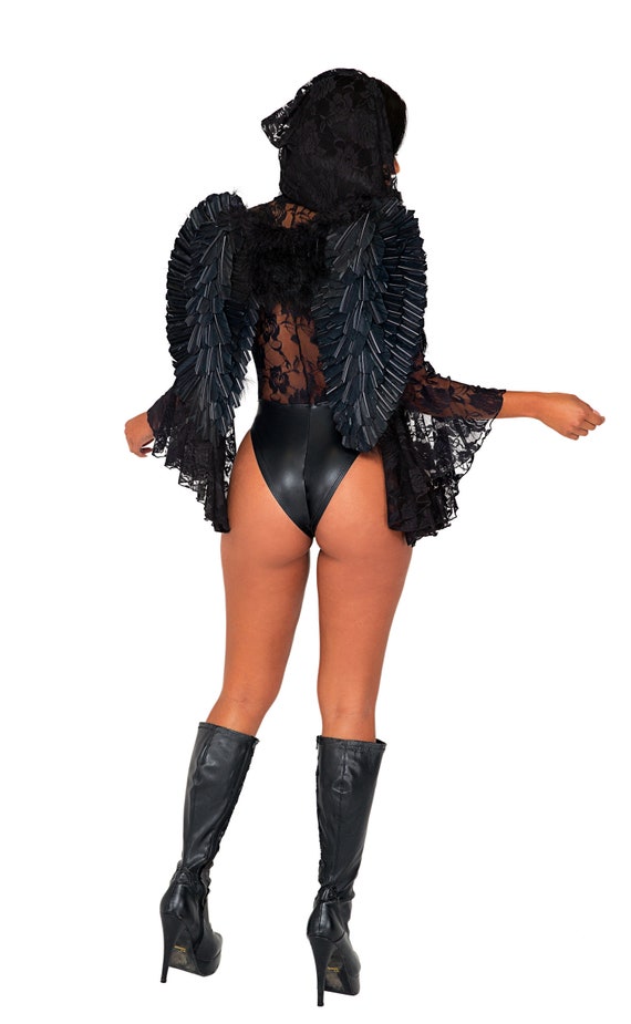 Dark Angel Costume Womens Black Lust Diva Cherub Hooded Bodysuit