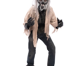 Werewolf Costume Night Crawler Wolf Dog Beast Monster Behemoth Ogre Mask Shirt Gloves Feet Scary Frightening Ugly Halloween Cosplay K2M7008