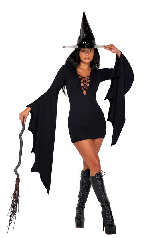 Coven Witch Costume Womens Black Dress Lace up Detail Vinyl Hat