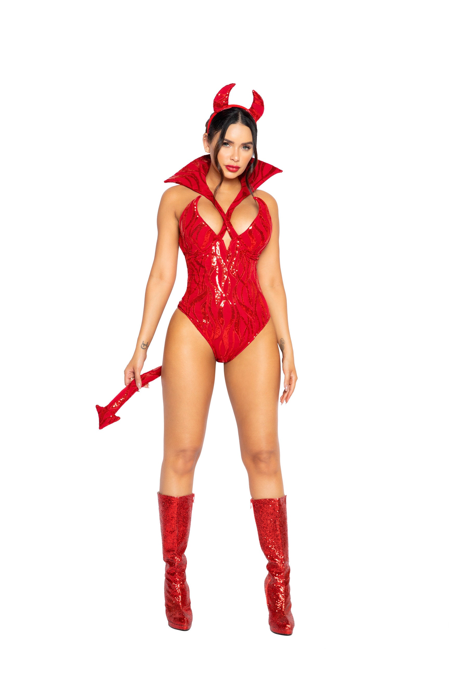Devil Costume Womens Red Satan Sequin Bodysuit Detachable