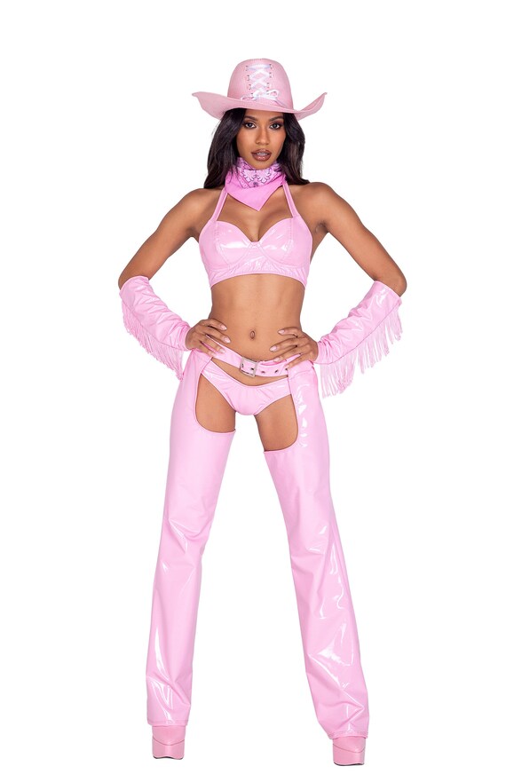 Sheriff Cowgirl Costume Womens Pink Bra Top Shorts Chaps Belt Bandana Fringe Cuffs Cop Policewoman Officer Sexy Cosplay Halloween 6PC 5014