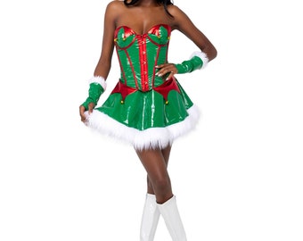 Elf Santa's Helper Costume Womens Green Red White Corset Jingle Bell Skirt Pixie Fairy Sprite Sexy Mrs Clause Christmas Cosplay 2PC 6216