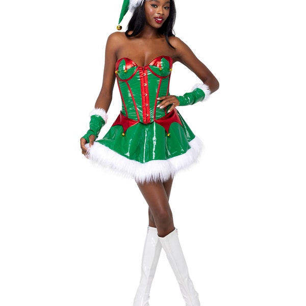 Elf Santa's Helper Costume Womens Green Red White Corset Jingle Bell Skirt Pixie Fairy Sprite Sexy Mrs Clause Christmas Cosplay 2PC 6216