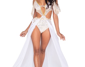 Greek Divine Goddess Glam Costume Womens White Gold Bodysuit Train Gold Leaf Belt Sexy Hot Seductive Princess Cosplay Halloween 2-PC 5043