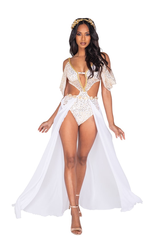 Greek Divine Goddess Glam Costume Womens White Gold Bodysuit Train Gold  Leaf Belt Sexy Hot Seductive Princess Cosplay Halloween 2-PC 5043 