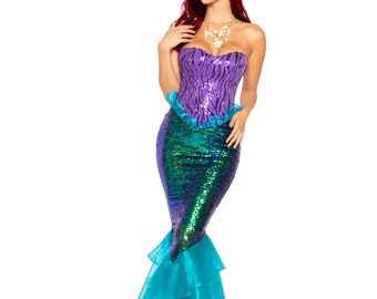 Mermaid Costume Womens Sexy Seductive Purple Aqua Lace-Up Corset Sequin Skirt Layered Organza Shell Tiara Halloween Dress-Up 3-PC 4995