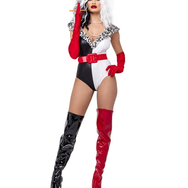 Cruella De Vil Costume Womens Black White Red Villain Evil Movie Character Bodysuit Faux Fur Collar Belt Sexy Risqué Halloween 2-PC 6183