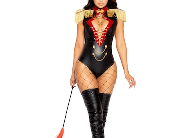 Ringmaster Costume Womens Black Gold Mistress of Ceremonies Bodysuit Fringe Shoulder Pads Top Hat Sexy Flirty Halloween Dress-Up 2-PC 4976