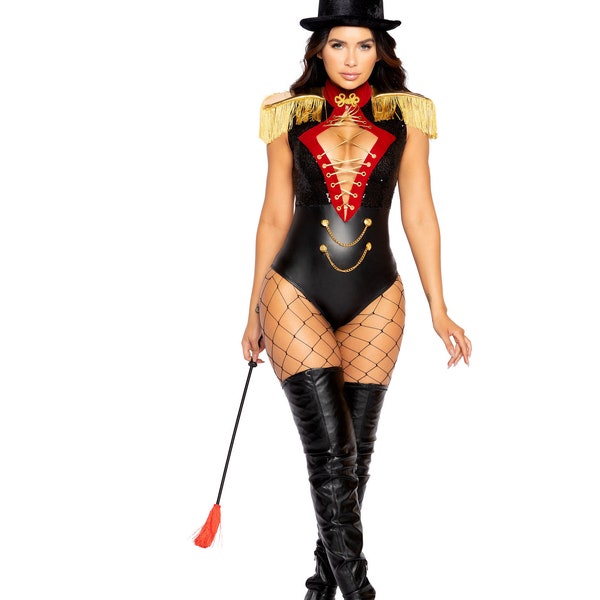 Ringmaster Costume Womens Black Gold Mistress of Ceremonies Bodysuit Fringe Shoulder Pads Top Hat Sexy Flirty Halloween Dress-Up 2-PC 4976