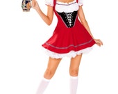 Beer Wench Costume Womens Waitress Bartender Red White Black Dress Lace-Up Detail Ruffled Choker Sexy Seductive Halloween Dress-Up 2-PC 4947