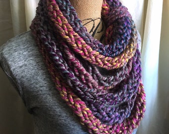Colorful Handmade Knit Scarf | Pink and Purple Scarf | Chunky Infinity Scarf