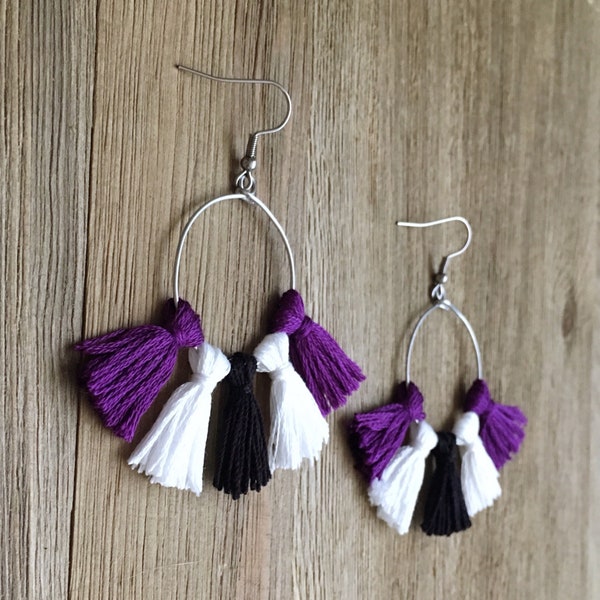 TCU Hoop Earrings | College Earrings | Handmade | Tailgate Jewelry | Purple and White Tassel Earrings | Hypoallergenic