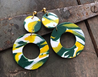 Green Bay Packers Marble Clay Earrings | Handmade | Tailgate Jewelry | Green and Gold Jewelry | Hypoallergenic