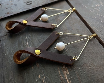 Natural Stone Earrings | Leather Pearl Earrings | Natural Stone Earrings for Women | Geometric Earrings | Handmade | Hypoallergenic