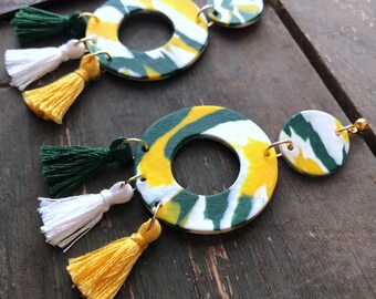 BU Marble Clay Tassels Earrings | Handmade | Tailgate Jewelry | Green and Gold Jewelry | Hypoallergenic