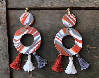 University of Texas Marble Clay Tassels Earrings | Handmade | Tailgate Jewelry | Burnt Orange and White Jewelry | Hypoallergenic