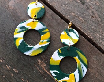 BU Marble Clay Earrings | Handmade | Tailgate Jewelry | Green and Gold Jewelry | Hypoallergenic