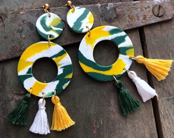 Green Bay Packers Marble Clay Tassels Earrings | Handmade | Tailgate Jewelry | Green and Gold Jewelry | Hypoallergenic