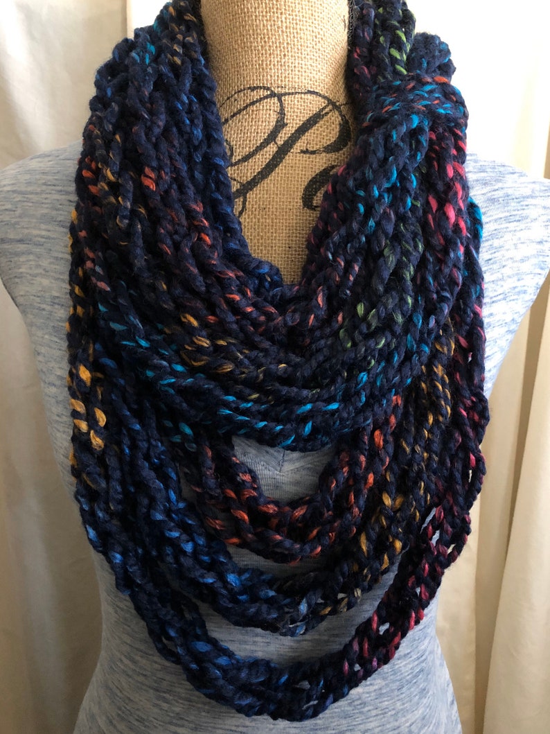Colorful Navy Handmade Knit Scarf Finger Knit Scarf Chunky Infinity ...
