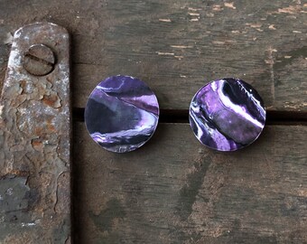 TCU Marbled Polymer Clay Button Earrings | Handmade Earrings | Tailgate Jewelry | Purple and White Earrings | Hypoallergenic