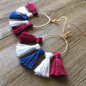 USA Tassel Hoop Earrings | Handmade Earrings | Tailgate Jewelry | Red White Blue Jewelry | Hypoallergenic | Free Shipping