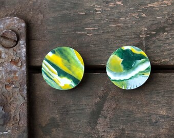 BU Marble Clay Button Earrings | Handmade | Tailgate Jewelry | Green and Gold Jewelry | Hypoallergenic