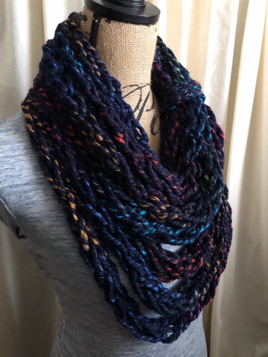 Colorful Navy Handmade Knit Scarf | Finger Knit Scarf | Chunky Infinity ...