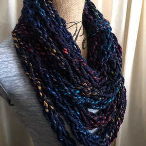 Colorful Navy Handmade Knit Scarf | Finger Knit Scarf | Chunky Infinity Scarf