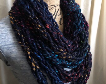 Colorful Navy Handmade Knit Scarf | Finger Knit Scarf | Chunky Infinity Scarf
