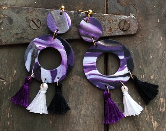 TCU Marbled Polymer Clay Tassel Earrings | Handmade Earrings | Tailgate Jewelry | Purple and White Earrings | Hypoallergenic