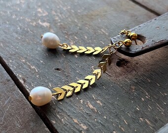 Statement Pearl Chevron Gold Earrings - Pearl Earrings - Natural Stone Earrings for Women - Gold Earrings for Women