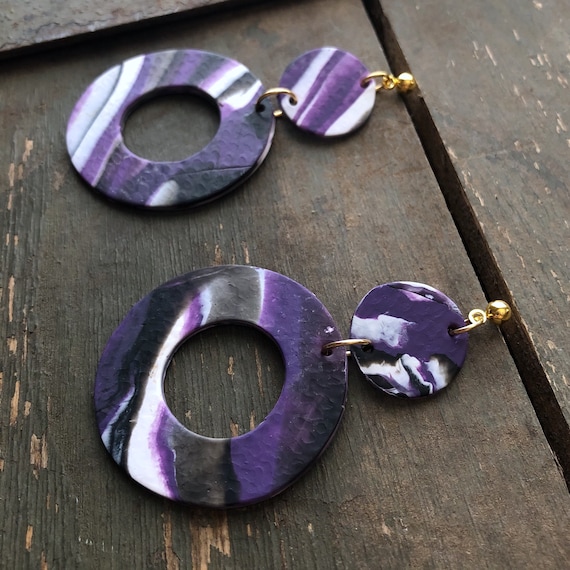 3 Part Purple Circular Handmade Polymer Clay Silver Dangle Earrings