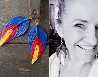 University of Kansas Feather Earrings | Handmade | Tailgate Jewelry | Crimson and Blue Jewelry | Hypoallergenic