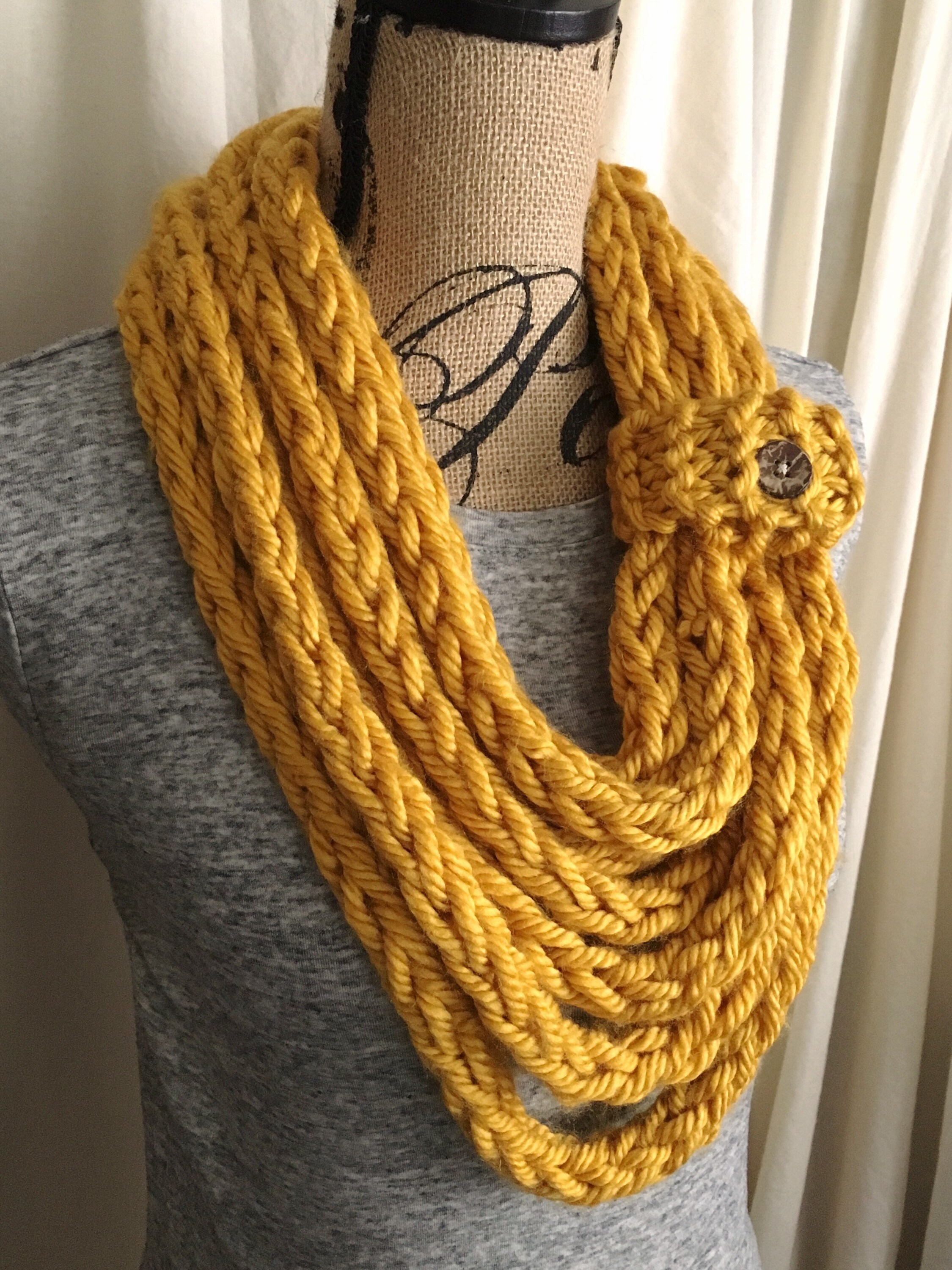 Mustard Yellow Handmade Knit Scarf | Chunky Infinity Scarf - Etsy