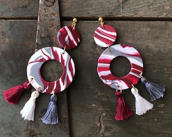 Texas A&M Marble Clay Tassels Earrings | Handmade | Tailgate Jewelry | Maroon and White Jewelry | Hypoallergenic