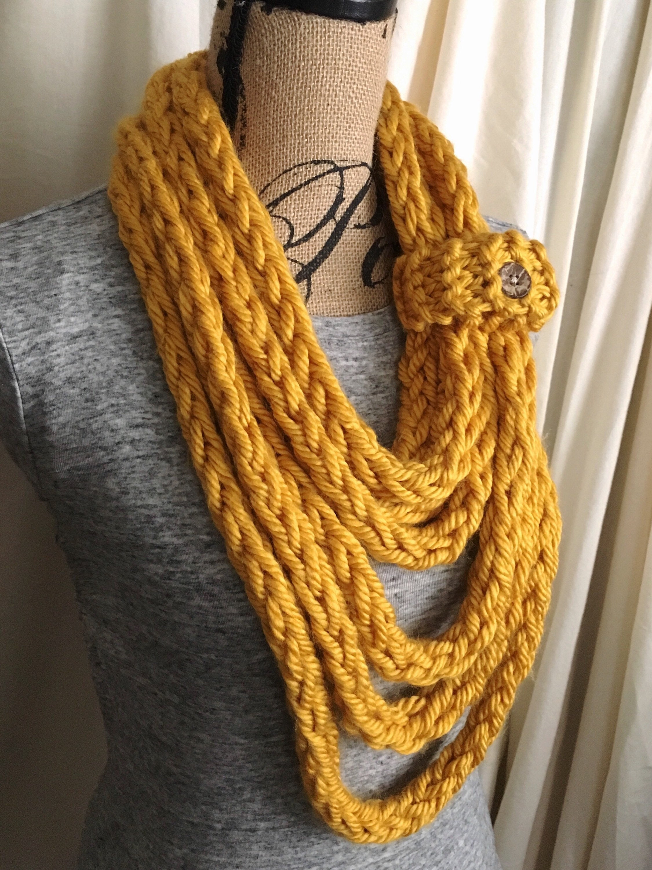 Mustard Yellow Handmade Knit Scarf | Chunky Infinity Scarf - Etsy