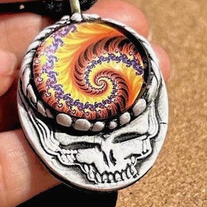 Grateful Dead bolt necklace with steal your face handmade pendant,one of a kind gift for deadhead,Sphere jewelry spiral fractals