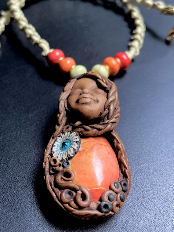 Handwoven Hemp Macrame Necklace: Jasper Beads, Fairy with Orange Stone