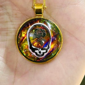 Grateful Dead gold stealie pendant necklace,Skull with Rose necklace,handmade resin jewelry,one of a kind DeadHead gift