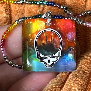 Grateful Dead fabulous Jerry hand in steal your face  pendant with micro silver lined seed bead necklace,handmade,one of a kind gift