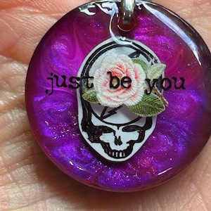 Grateful Dead Rose necklace,Steal your face necklacew/ quote in metallic inks in resin,one of a kind, Deadhead gift,handmade
